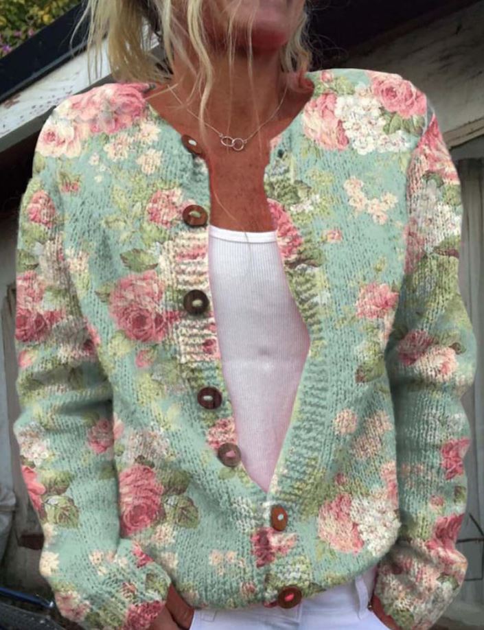 Frideruna - Elegante grüne Strickjacke mit Blumenprint