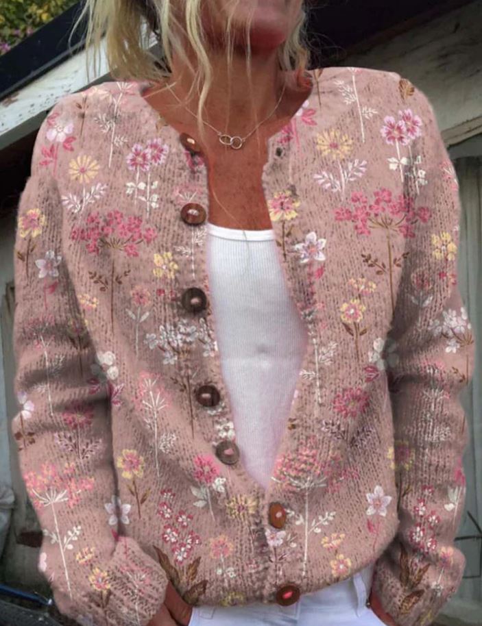 Quirina - Elegante rosa Strickjacke mit Blumenprint