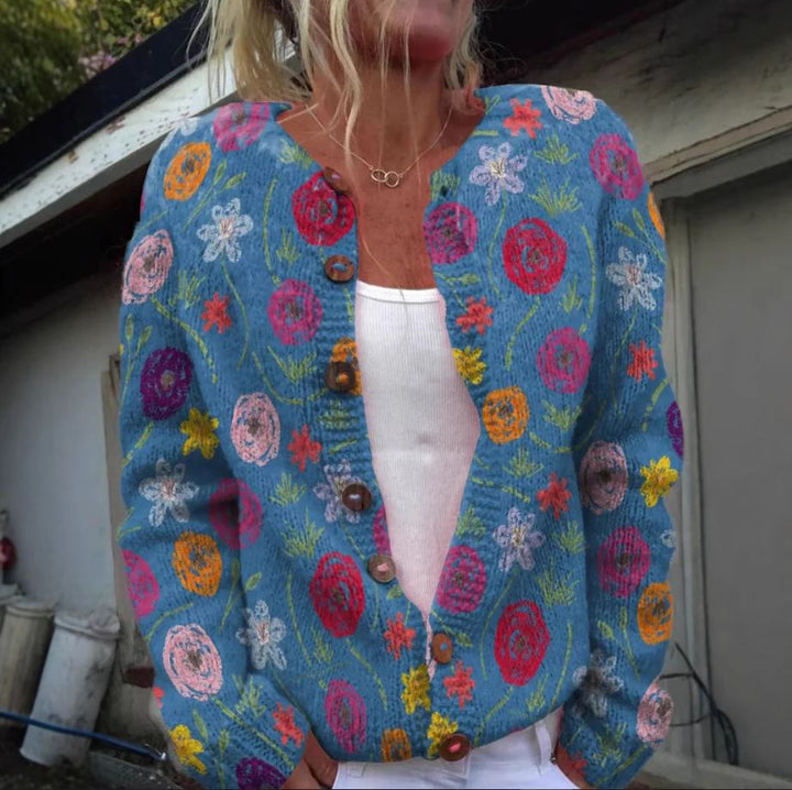 Alberina - Blaue Strickjacke mit Blumenmuster