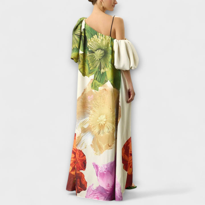 Sabina - Maxikleid mit Blumendruck, schrägem Kragen und Puffärmeln