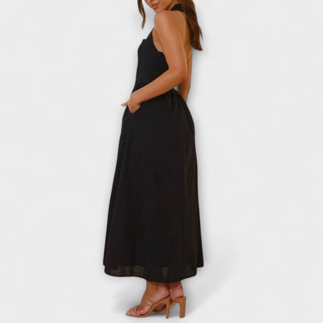 Tatjana - Mid-Length Schwarzes Halterkleid mit Taillendetail