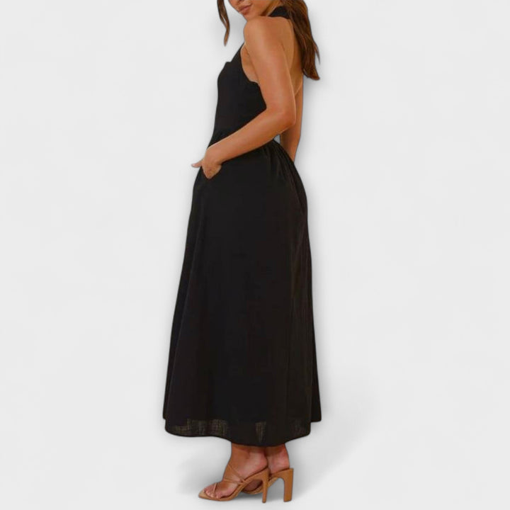 Tatjana - Mid-Length Schwarzes Halterkleid mit Taillendetail