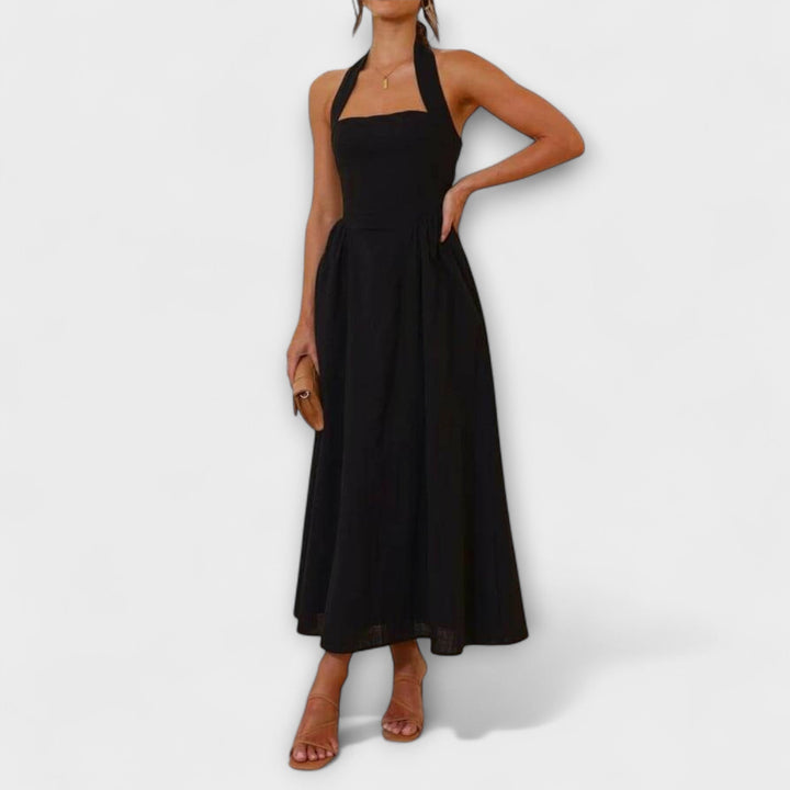 Tatjana - Mid-Length Schwarzes Halterkleid mit Taillendetail