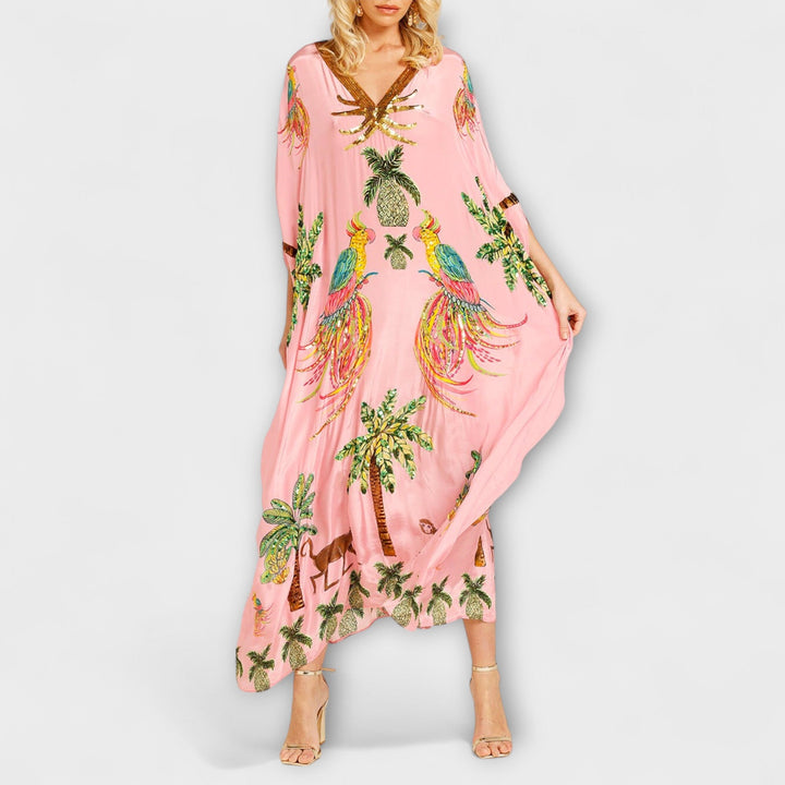 Annika - Auffälliges Kleid mit schrägen Schultern und Kokosbaum-Print