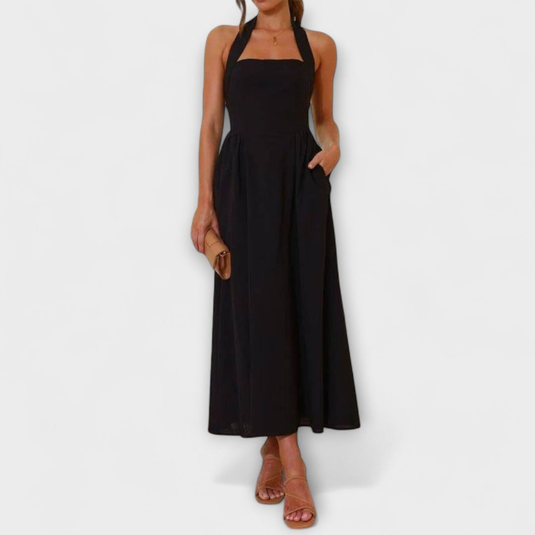 Tatjana - Mid-Length Schwarzes Halterkleid mit Taillendetail