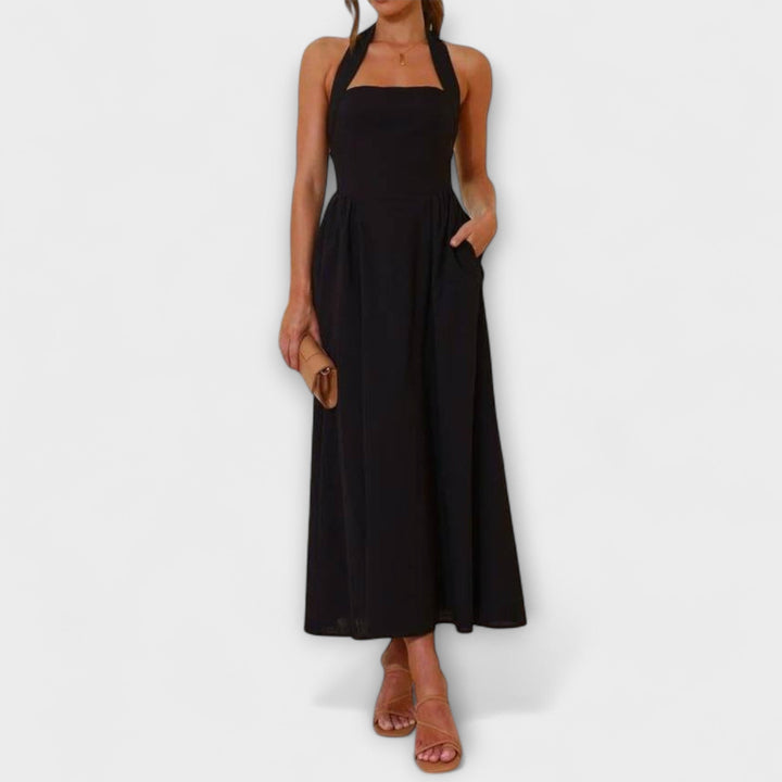 Tatjana - Mid-Length Schwarzes Halterkleid mit Taillendetail