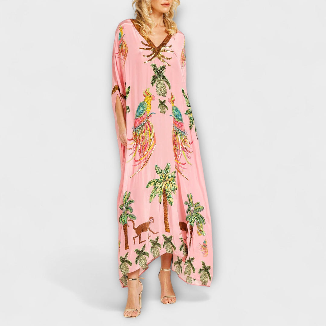 Annika - Auffälliges Kleid mit schrägen Schultern und Kokosbaum-Print