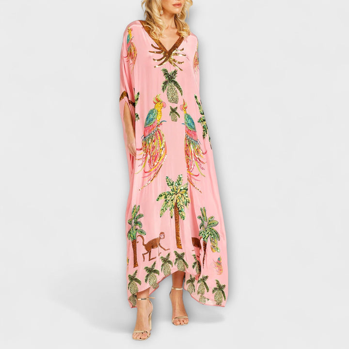 Annika - Auffälliges Kleid mit schrägen Schultern und Kokosbaum-Print