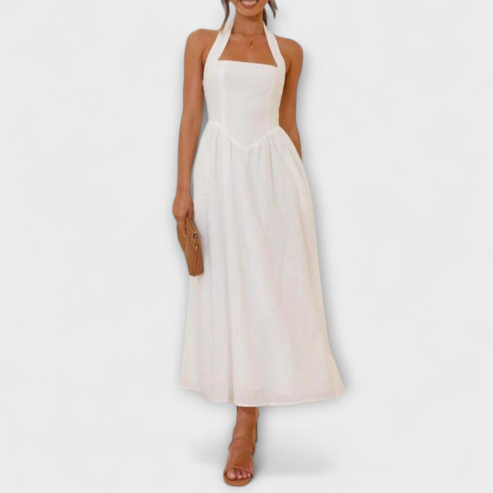 Tatjana - Mid-Length Schwarzes Halterkleid mit Taillendetail