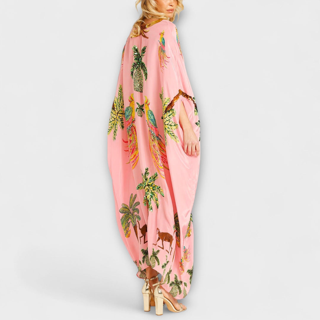Annika - Auffälliges Kleid mit schrägen Schultern und Kokosbaum-Print