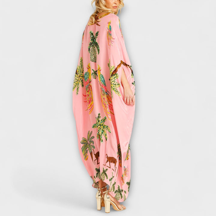 Annika - Auffälliges Kleid mit schrägen Schultern und Kokosbaum-Print