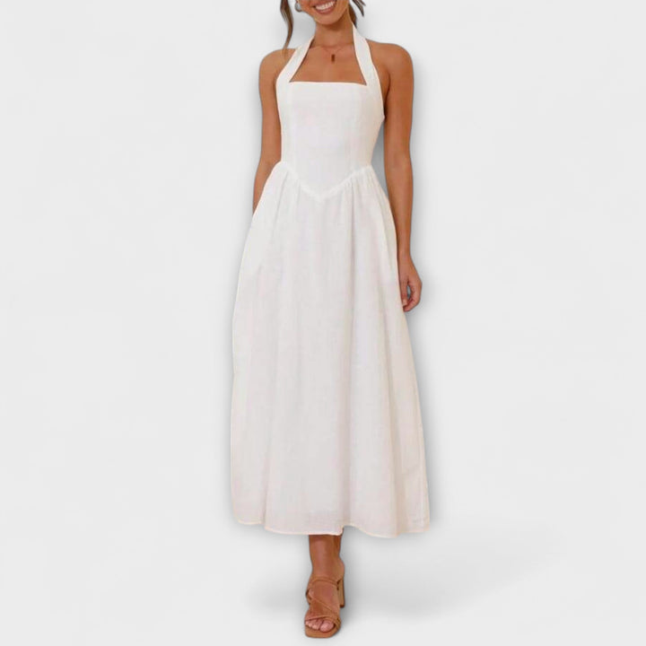 Tatjana - Mid-Length Schwarzes Halterkleid mit Taillendetail