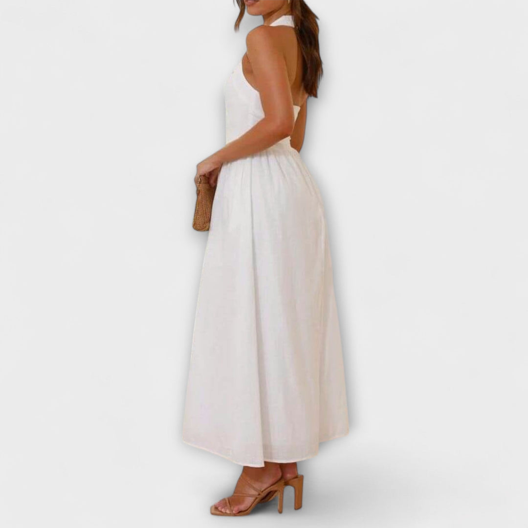 Tatjana - Mid-Length Schwarzes Halterkleid mit Taillendetail