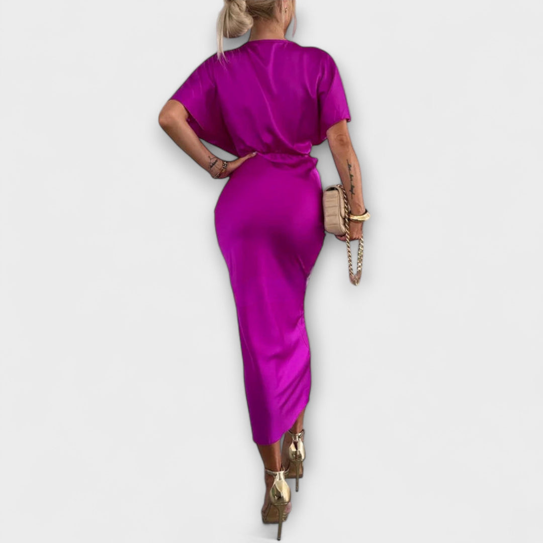 Simone - Solides Satin V-Ausschnitt Kreuzknoten Slim Fit Maxi Kleid