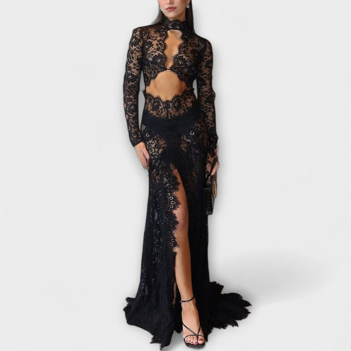 Romy - Midnight Elegance Transparente Cutout Langarm Stretch Maxikleid