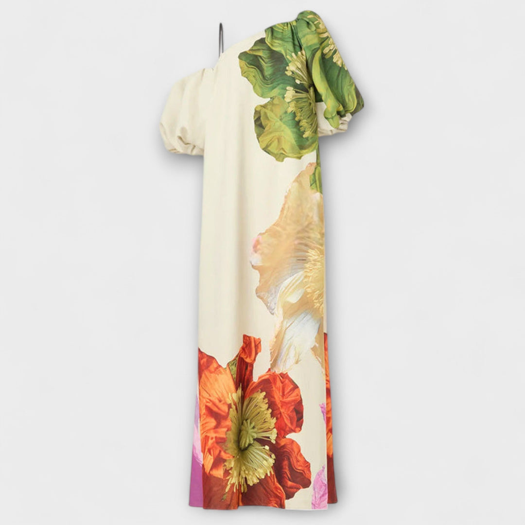 Sabina - Maxikleid mit Blumendruck, schrägem Kragen und Puffärmeln
