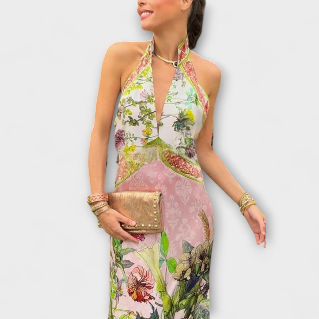 Ruth - Blumenmuster Ärmelloses Offenes Rücken Maxikleid