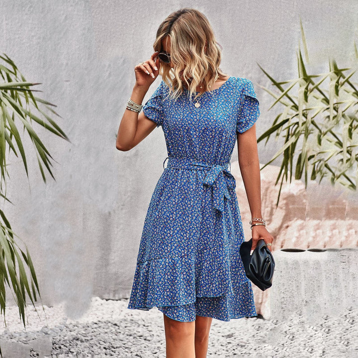 Tilda - Kurzes blaues Boho-Kleid mit Print