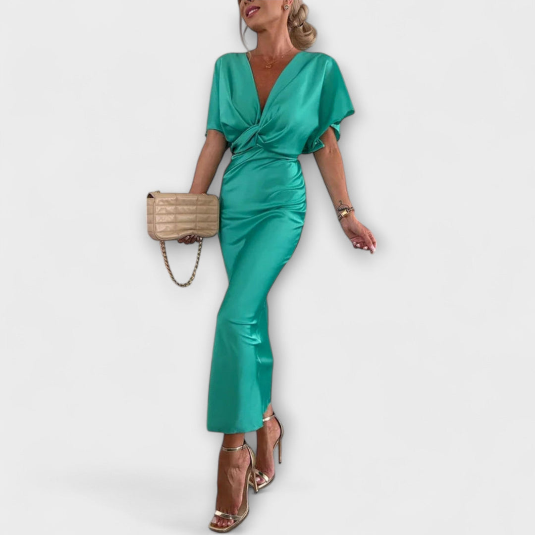 Simone - Solides Satin V-Ausschnitt Kreuzknoten Slim Fit Maxi Kleid