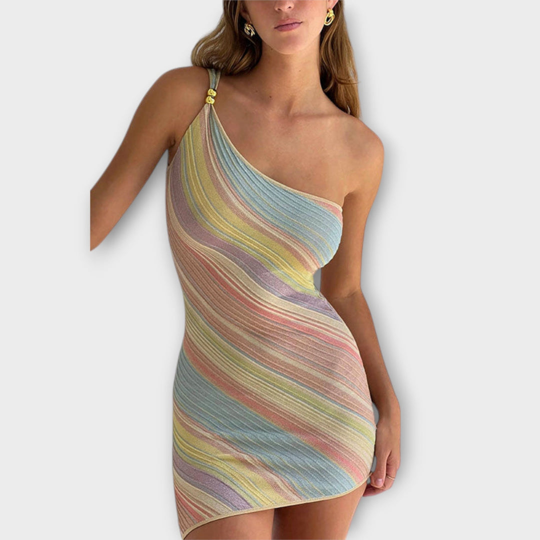 Yvonne - Trendy Ein-Schulter Strick Mini Kleid