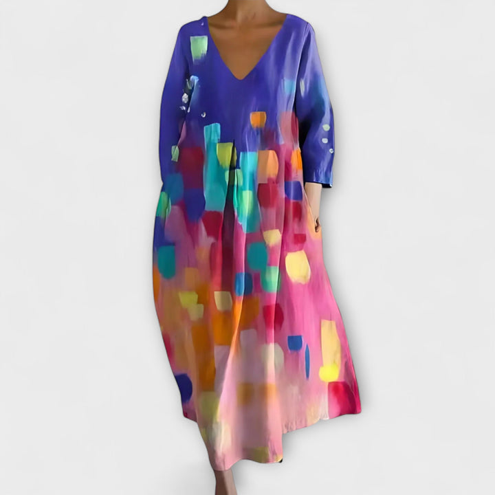 Melinda - Langes, farbenfrohes Kleid mit V-Ausschnitt