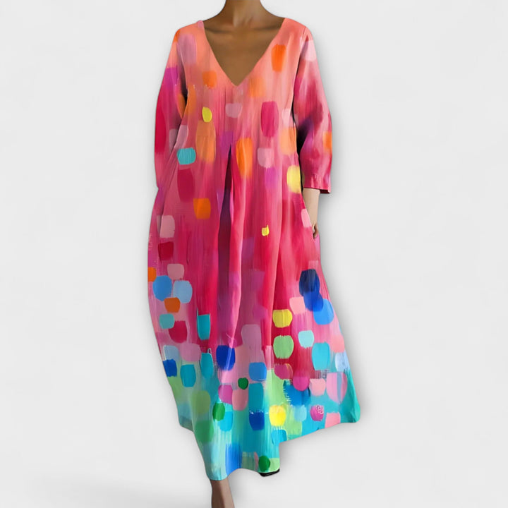 Melinda - Langes, farbenfrohes Kleid mit V-Ausschnitt