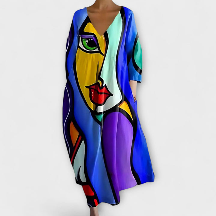 Melinda - Langes, farbenfrohes Kleid mit V-Ausschnitt