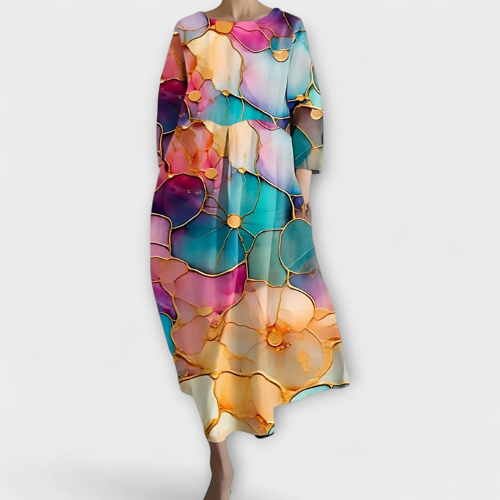 Melinda - Langes, farbenfrohes Kleid mit V-Ausschnitt